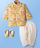 Dapper Dudes Cotton Silk Knit Full Sleeves Ethnic Design Print Kurta With Co-Ordinating Dhoti ,Juttis & Mala - Lemon