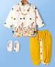 Dapper Dudes Cotton Mixes Knit Full Sleeves Floral & Deer Embroidery Kurta With Co-ordinating Dhoti , Juttis & Mala - Mustard