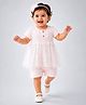 Little Surprise Box Cotton Woven Half Sleeves Bow & Lace Embellished Dress Style Romper - Peach