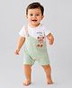 Little Surprise Box Cotton Woven  Half Sleeves Bear Patch Detailed Dungaree Style Romper - Beige