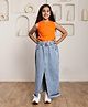 Shorgul Cotton Knit Sleeveless Solid Crop Top With Front Slit Denim Skirt Set - Orange