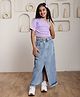 Shorgul Cotton Knit Half Sleeves Solid Crop Top With Front Slit Denim Skirt Set - Purple