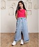 Shorgul Cotton Knit Sleeveless Solid Crop Top With Front Slit Denim Skirt Set - Pink