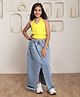 Shorgul Cotton Knit Sleeveless Solid Top With Front Slit Denim Skirt Set - Yellow