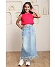 Shorgul Cotton Knit Sleeveless Solid Crop Top With Frayed Denim Skirt Set - Pink