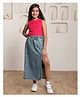 Shorgul Cotton Knit Sleeveless Solid Crop Top With Side Slit Denim Skirt Set - Pink