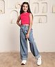 Shorgul Cotton Knit Sleeveless Solid Crop Top & Jeans Set - Pink