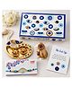 bubble troubble One Evil Eye Rakhi (RAE004) with Roli Chawal Dome Bottle & Artificial mini coconut in small polythene bag 9x6 cm (P22) and  Meenakari Peacock Plate (Plastic) with 2 Small Dibbi (Fixed)