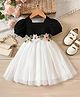 FOSTRIC Cotton Knit Puffed Sleeves Floral Applique Detailed Dress - Black