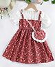 FOSTRIC Cotton Blend Knit Half Peasant Sleeves Floral Printed Pinafore Style Dress - Maroon