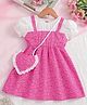 FOSTRIC Cotton Blend Knit Puffed Sleeves Floral Printed Dress With Sling Bag - Fuchsia