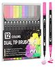 SCHOOLISH 12 Pcs Dual Tip Brush Pens Felt Tip Pen Set 12 Colors, Colouring Pens Art Markers for Kids and Adults - PACK OF 1- COLOR MAY VARY