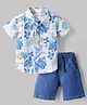 Babyhug Cotton Woven Half Sleeves Floral Printed Shirt and Denim Shorts Set - White & Blue