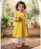 Kinder Kids Cotton Woven Three Fourth Sleeves Ethnic Motifs Printed & Lace Embellished Angrakha Style Kurti Pants Set - Yellow & White