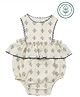 furr balls 100% Organic Cotton Woven Sleeveless Abstract Motifs Printed Lace Detailed Dress Style Onesie - Off White