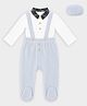 Mi Arcus 100% Cotton Knit Full Sleeves Solid Onesie With Footed Dungaree & Cap Set- White & Sky Blue