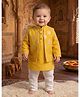 Kinder Kids Cotton Woven Full Sleeves Stripped Kurta Pajama Set With Foil Motifs Printed Jacket - Yellow