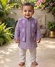 Kinder Kids Cotton Woven Full Sleeves Stripped Kurta Pajama Set With Foil Motifs Printed Jacket - Purple