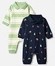Babyhug 100% Cotton Interlock Knit Full Sleeves Collared Rompers with Stripes & Christmas Theme Print Pack of 2 - Navy Blue & Light Green