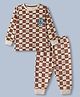 Cucumber Sinker Knit Full Sleeves Checked T-Shirt & Joggers Co-Ords Set With Tractor Print - Ivory