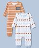 Babyhug 100% Cotton Interlock Knit Full Sleeves Rompers With Teddy Bear & Stripes Print Pack of 2 - White & Brown