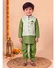 BT DEZINES Cotton Silk Woven Full Sleeves Solid Kurta & Dhoti Set With Floral Motifs Embroidered Jacket - Olive Green