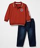 Babyhug Terry Knit Full Sleeves T-Shirt and Jeans Set With Patch & Text Print - Maroon