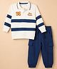 Babyhug 100% Cotton Terry Knit Full Sleeves T-Shirt and Pant Set with Stripes and 56 Applique - White & Navy Blue