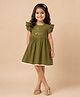 The Mom Store Cotton Woven Frill Sleeves Bunny & Floral  Embroidered Lace Detailed Dress - Olive