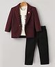 Dapper Dudes Cotton Mix Full Sleeves Textured Blazer With Text Printed Inner Tee & Pant Set - Wine