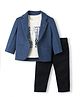 Dapper Dudes Cotton Mix Full Sleeves Textured Blazer With Text Printed Inner Tee & Pant Set - Blue