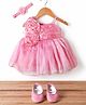 Enfance Net Sleeveless Party Dress With Floral Applique & Headband & Booties - Pink