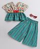 Many frocks & Cotton Blend Woven Half Sleeves Lace Embellished & Floral Applique Detailed Top & Plazzo Set - Turquoise