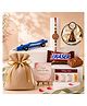 Expelite Special Rakhi Gift for Brother ,  Gift Hamper with Rakhi, Tika Set, Chocolate eraser, Guardian Bell, Jute Potli , Car shape pen and Greeting