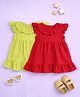 Kidbea Cotton Woven Pack Of 2 Frill Sleeves Solid Dresses - Maroon & Green