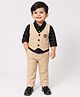 Spool Junior Cotton Woven Full Sleeves Checked Shirt & Pant Set With No Short Cuts Text Embroidered Waistcoat - Beige