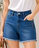PURPLE UNITED KIDS Denim Knit Brand Name Embroidered & Frayed Hem Detailed Mild Washed Shorts - Dark Blue