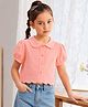 PURPLE UNITED KIDS Cotton Woven Half Sleeves Stone Embellished & Floral Embroidered Top - Peach