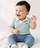 PURPLE UNITED KIDS Cotton Lycra Knit Half Sleeves Enjoy Summer Applique Detailed Striped Polo Tee & Jeans Set - Light Blue