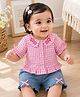 PURPLE UNITED KIDS Cotton Woven Half Peasant Sleeves Floral Applique Detailed & Gingham Checked Top & Shorts - Pink & Light Blue