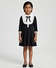 Biglilpeople Cotton Woven Three Fourth Sleeves Bow Applique Detailed & Lace Embellished Dress - Black