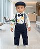 Biglilpeople Cotton Woven Half Sleeves Dinosaurs Printed Shirt & Pants Set With Bow Suspenders & Cap - Multi Colour