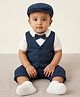 Biglilpeople Cotton Woven Half Sleeves Bow Applique Detailed Shirt & Shorts Set With Cap & Waistcoat - Multi Colour