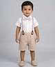 Biglilpeople Cotton Woven Half Sleeves Bow Applique Detailed Shirt & Shorts Set With Suspenders - Multi Colour