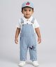 Biglilpeople Cotton Woven Striped & Boat Embroidered Dungaree With Half Sleeves Attached Tee - Multi Colour