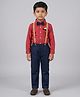 Biglilpeople Cotton Woven Full Sleeves Bow Applique Detailed Striped Shirt & Pants Set With Suspenders - Multi Colour