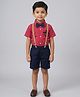 Biglilpeople Cotton Woven Full Sleeves Bow Applique Detailed Striped Shirt & Pants Set With Suspenders - Red