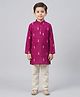 Biglilpeople Cotton Woven Full Sleeves Floral Embroidered Kurta & Pyjama Set - Dark Magenta