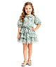 Rose Couture Chiffon Woven Three Fourth Puffed Sleeves Floral Printed Coordinating Top & Layered Skirt Set - Olive