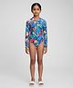 Biglilpeople Full Raglan Sleeves Tropical Printed One Piece Swimsuit - Blue